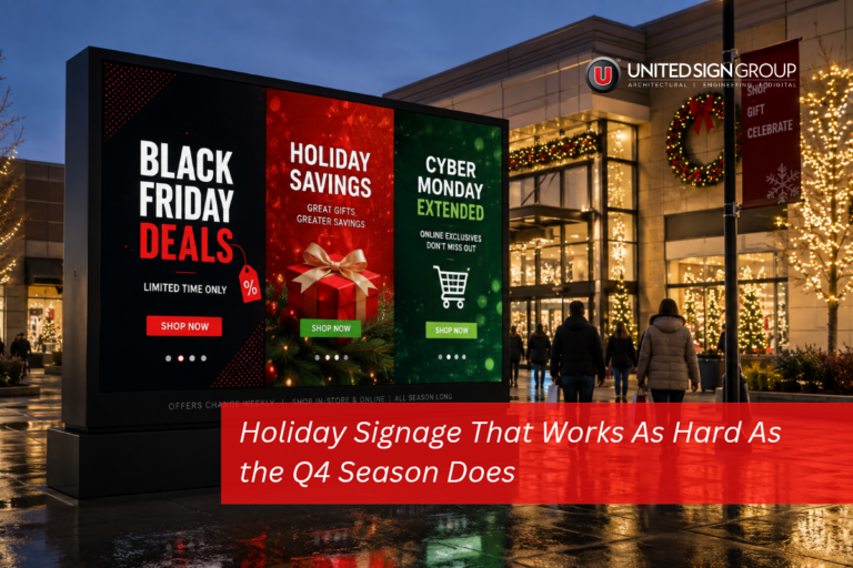 LED holiday signage displaying Black Friday offers and holiday promotions for a retail storefront