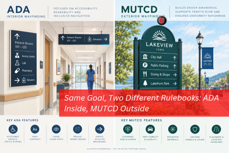 Interior vs. Exterior Wayfinding Signage: What Actually Changes at the Door